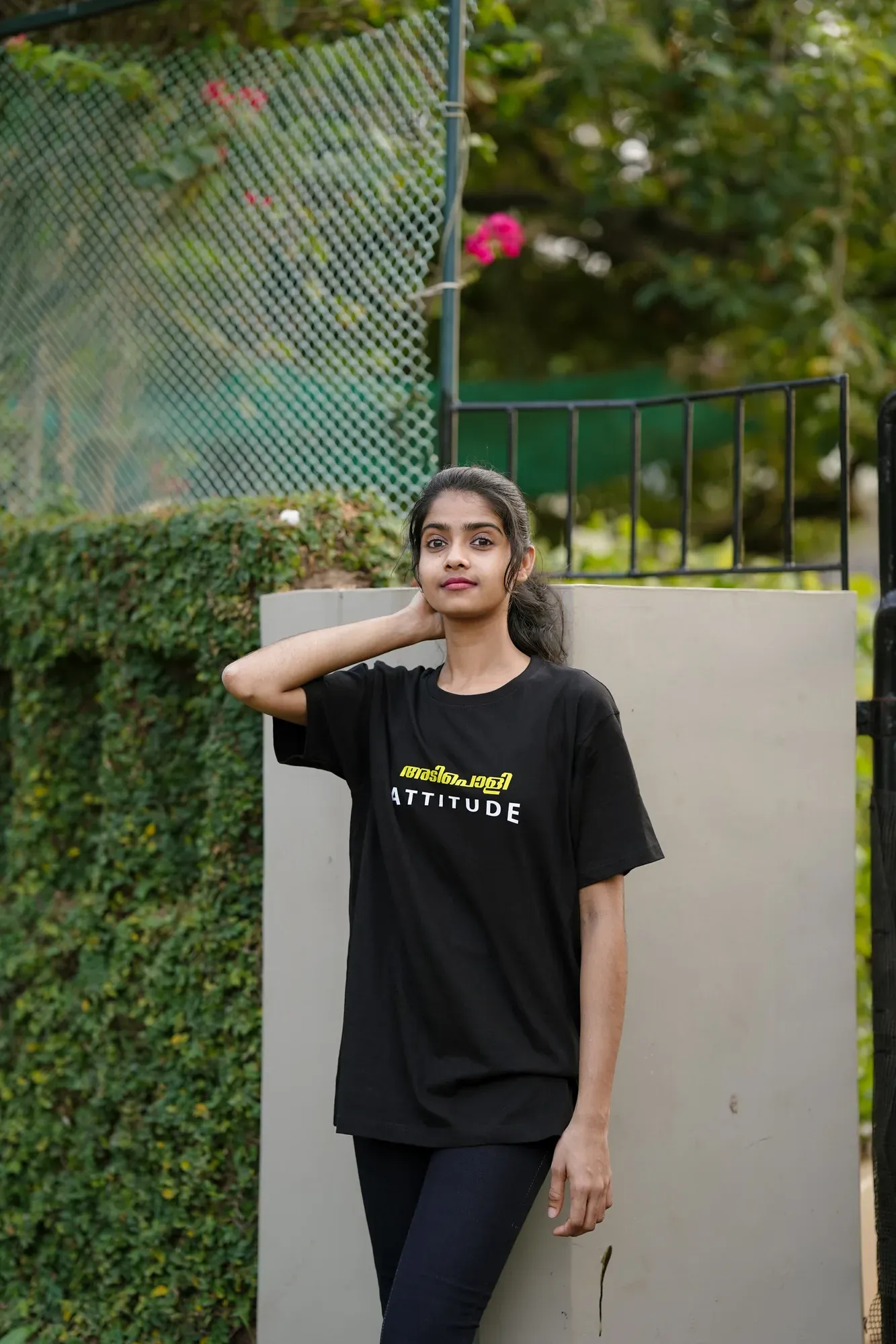 Female model wearing custom attitude tee
